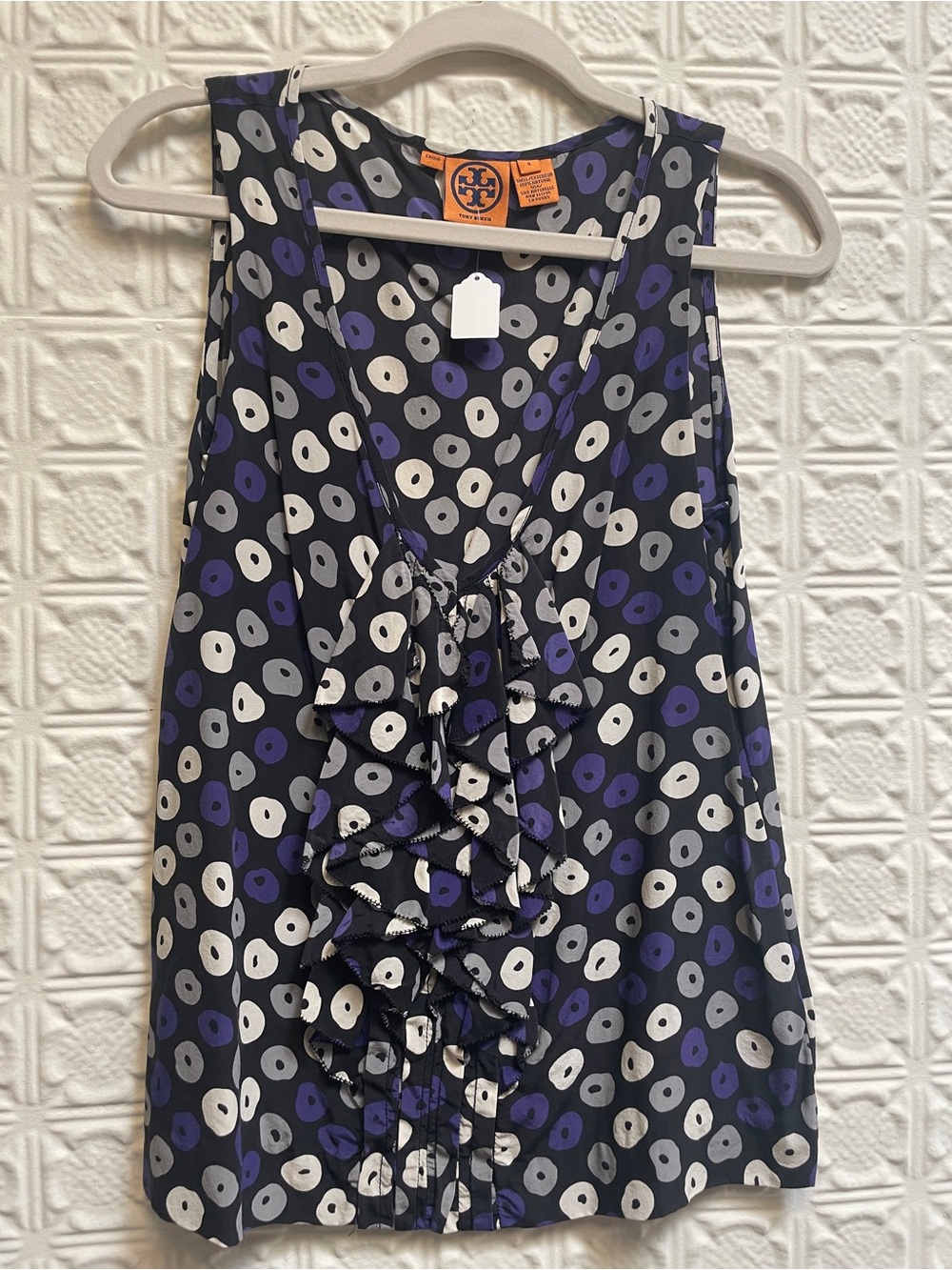 Tory Burch Black Silk Blouse with Purple and Cream Dot Print